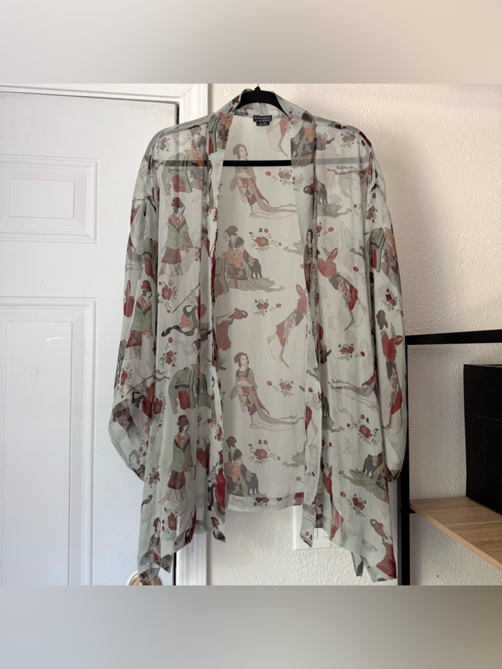 BANJARA‎ KIMONO grey silk Japan floral geisha sheer buttonless cover up jacket